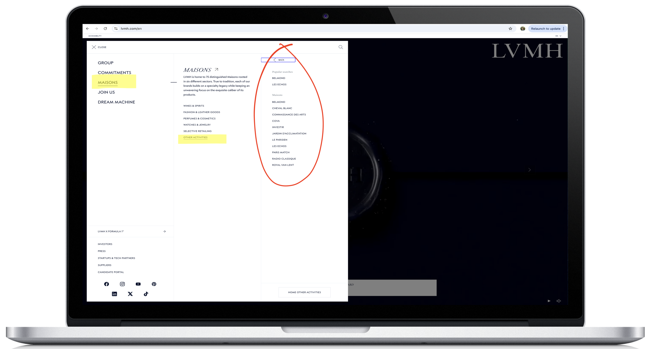 LVMH - Website Screenshot - Maisons - Other Activities - Brand Architecture - The Brando Group - Case Study - Brand Positioning - House of Brands - Brand Architecture